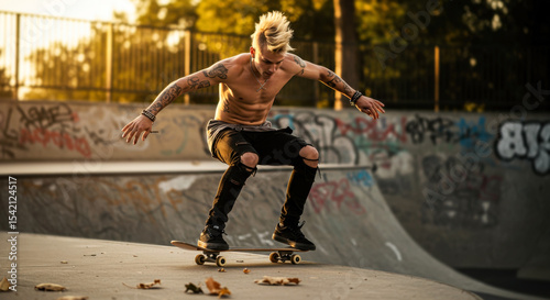 Handsome skater jumps on skateboard in punk black clothes. Concrete skatepark and greenery in background. Concept of energy