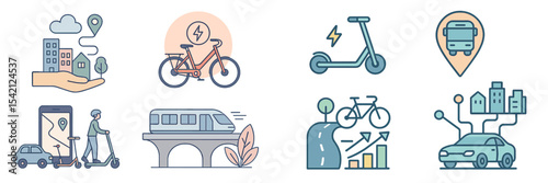 Illustrations of sustainable urban transport concepts showcasing eco-friendly mobility options in a modern cityscape