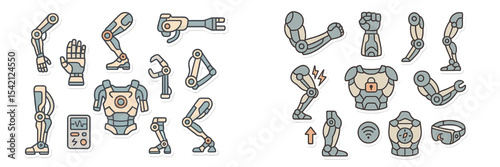 Various robotic arm components displayed in a stylized design for technology illustration