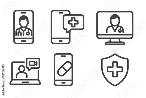 Digital healthcare symbols representing telemedicine and online consultations with medical professionals
