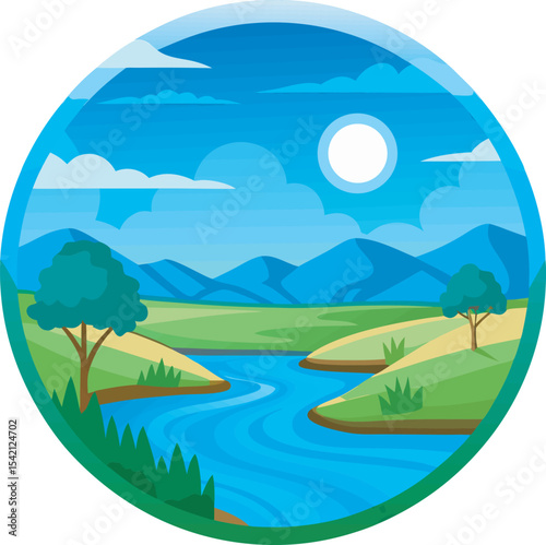 A collection of serene illustration depicting lake landscape with mountain, tree and calm water, rendered with a peaceful and stylized aesthetic.