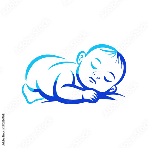 Sleeping baby illustration in soft blue tones on a white background  