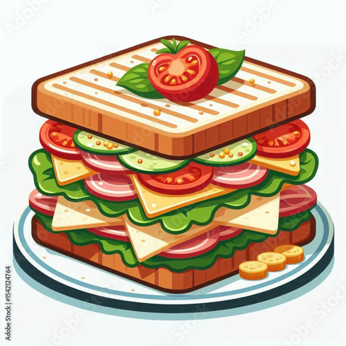 Cartoon sandwich stacked with veggies cheese and meat topped with tomato on plate