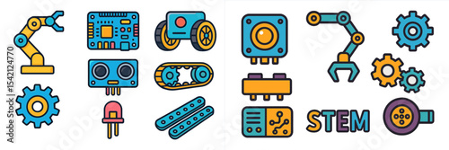Colorful illustrations of robotics and STEM components showcasing technology education and innovation for students
