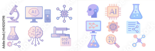 Digital icons representing artificial intelligence, technology, and scientific research in a modern design