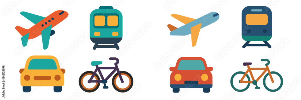 Various modes of transportation including airplanes, trains, cars, and bicycles illustrated in a colorful design