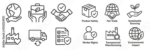Icons representing sustainability, fair trade, and environmental impact in modern business practices