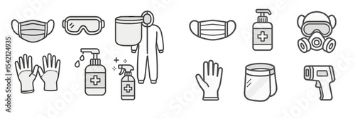 Medical protective equipment icons representing health and safety protocols during emergencies in healthcare settings