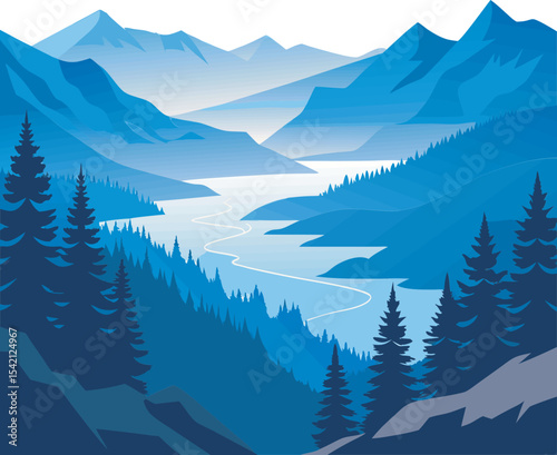 A collection of serene illustration depicting lake landscape with mountain, tree and calm water, rendered with a peaceful and stylized aesthetic.