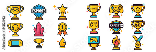 Colorful collection of gaming and esports trophies, icons, and symbols representing achievements and competition