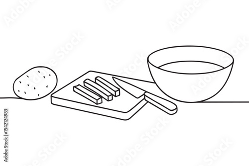 Hand drawn line art of potato slicing, kitchen tools for cooking and food prep