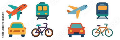 Various modes of transportation including airplanes, trains, cars, and bicycles illustrated in a colorful design