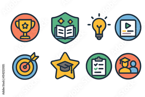 Educational icons representing learning, achievements, and objectives in a vibrant and modern style