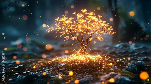 Glowing tree radiates warmth in dusk