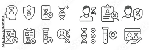 Health and genetics icons showcasing DNA, profiles, and medical documentation for personal health management