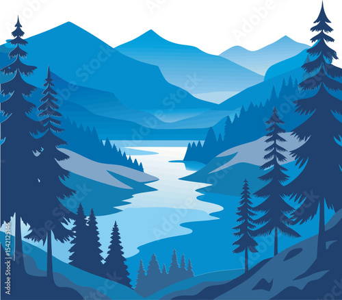A collection of serene illustration depicting lake landscape with mountain, tree and calm water, rendered with a peaceful and stylized aesthetic.