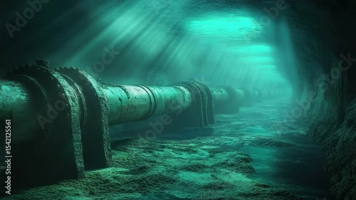 Underwater Pipeline Surrounded by Mysterious Shadows and Sunlight Beams in a Deep Ocean Environment transparent background png