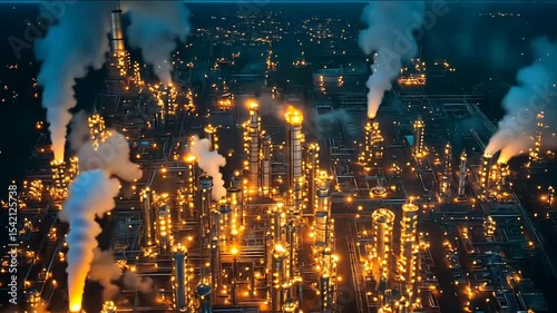 Illuminated industrial complex billowing thick white smoke