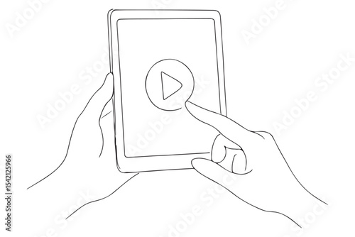 line art of a person tapping play button on a tablet screen, minimalist design