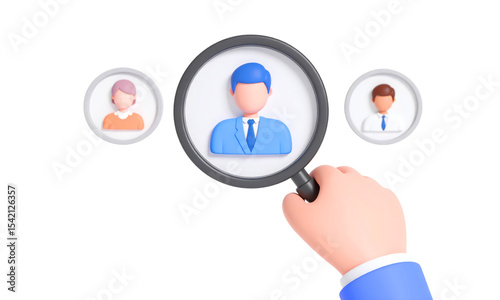 Hand holding magnifying glass, focusing on blue suit businessperson, with two other professional avatars, concept of recruitment, selection, and human resources
