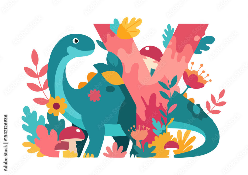 Colorful dinosaur and letter Y design with flowers and mushrooms on transparent background copy space Colorful dinosaur and letter Y design with flowers and mushrooms on transparent background copy space