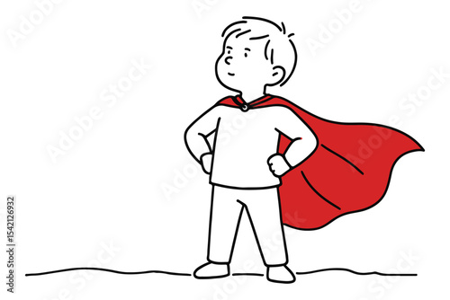 monochrome illustration of a boy wearing a red cape, standing in a powerful pose, clean lines