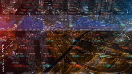image of data processing over cityscape. global business, digital interface, connections and digital interface concept digitally generated image.