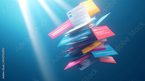 A voluminous stack of colorful documents floats in the air.