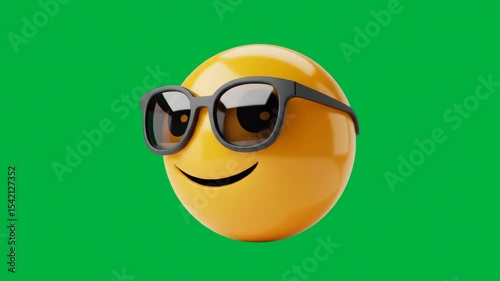Animated yellow emoji with stylish sunglasses against solid green background for digital art graphic design social media and advertising