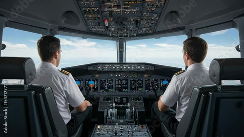 Airplane Cockpit View: Pilots in Flight over Clouds