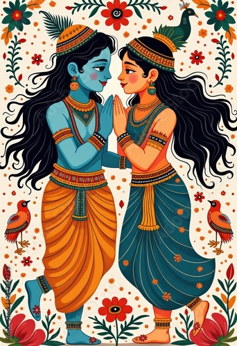 Krishna and Radha in Madhubani Folk Style with Floral Borders and Traditional Ornaments