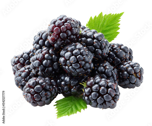 Fresh blackberries heap with green leaf healthy fruit summer berry harvest on transparent background