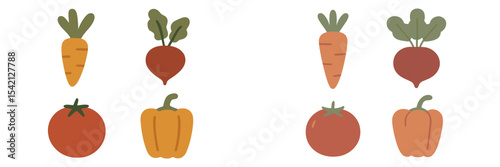 Colorful illustration of fresh vegetables including carrots, radishes, tomatoes, and bell peppers on a white background