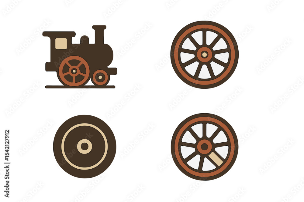 Fototapeta premium Vintage train and wheel icons illustrating railway transportation design elements for creative projects