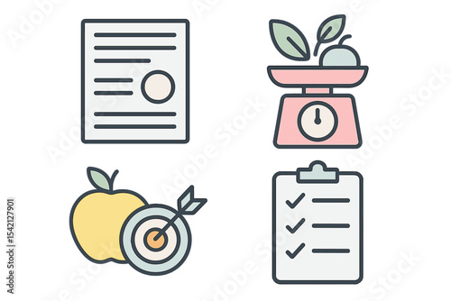 Documents and tools showcasing weight measurement and goal setting for healthy eating