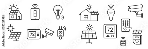 Eco-friendly technology symbols depicting solar energy, smart home devices, and energy efficiency features