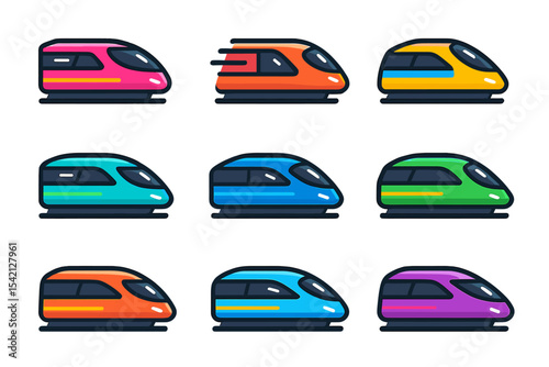 Colorful modern train designs showcasing various styles and speeds in a contemporary illustration