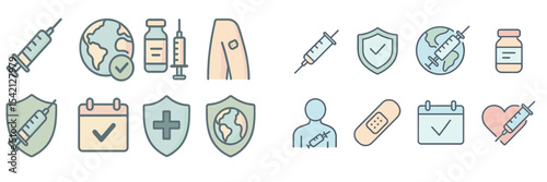 Various icons representing health and vaccination themes with symbols of syringes, shields, and medical elements in a colorful design