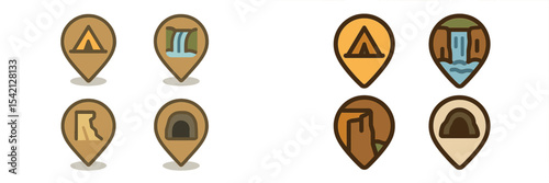 Unique camping and outdoor location markers depicting waterfalls, caves, and scenic landscapes for nature enthusiasts and adventurers