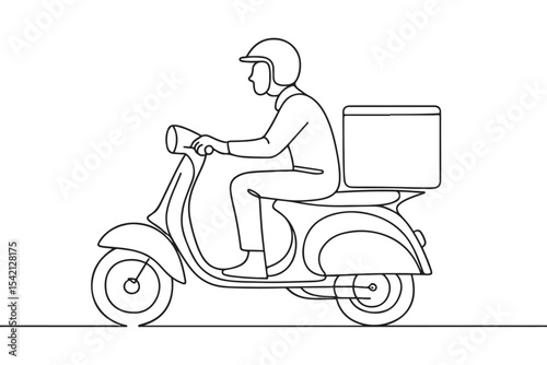 Line art illustration of a delivery rider riding a scooter with a box in the back, depicted in simple black and white style.