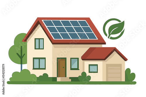 Eco-friendly house with solar panels and green landscaping in a modern design setting