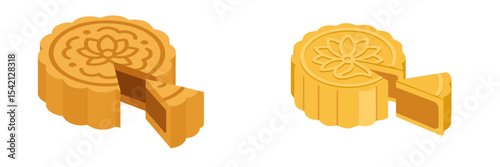 Traditional mooncakes with intricate designs, sliced to reveal soft filling, representing cultural celebration during harvest season