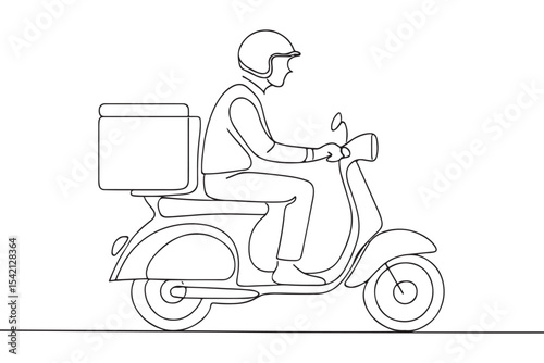 Minimalistic drawing of a scooter delivery person, showing the rider in action with a box on the back, in black and white line art.