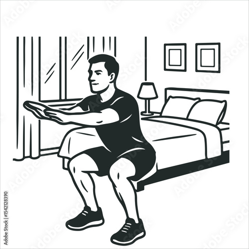 Man performing squats in bedroom for at home workout Minimalist Editable Vector