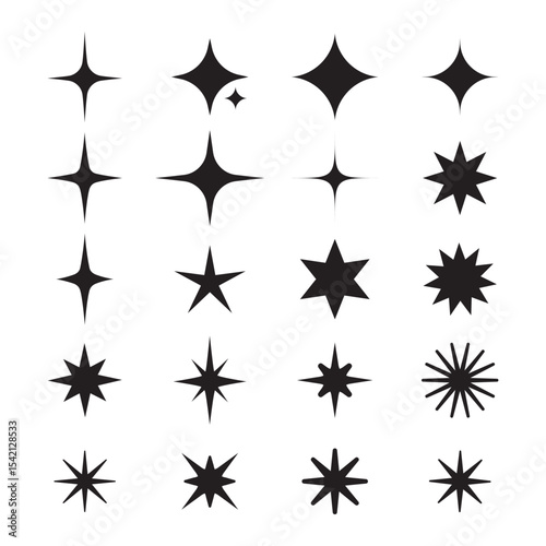 A collection of various vector shiny stars, decorative forms of flicker and bursts, abstract shining symbols of flash. Vector illustration.