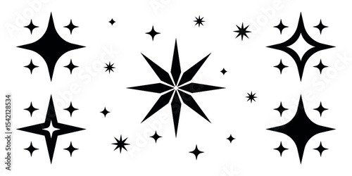 A collection of various vector shiny stars, decorative forms of flicker and bursts, abstract shining symbols of flash. Vector illustration.