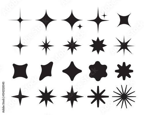A collection of various vector shiny stars, decorative forms of flicker and bursts, abstract shining symbols of flash. Vector illustration.