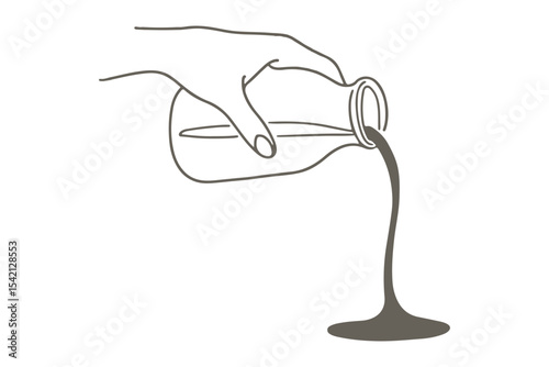 Minimalistic drawing of a hand tilting a bottle to pour liquid, with fluid flowing out, in black and white.