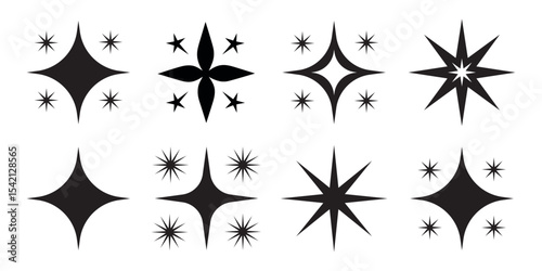A collection of various vector shiny stars, decorative forms of flicker and bursts, abstract shining symbols of flash. Vector illustration.