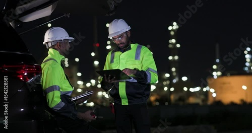 Two power plant engineers wearing green safety PPE uniforms are working with a digital laptop and walkie-talkies at night at a refinery and gas petrochemical plan